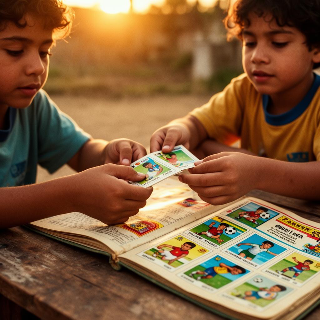 Niños latinoamericanos intercambiando cromos